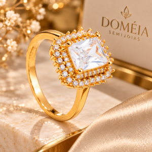 Anel Dourado Solitário com Zircônia
