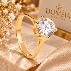 Anel Dourado Solitário com Pedra Zircônia