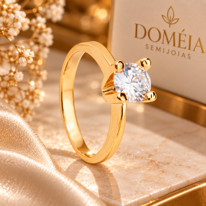 Anel Dourado Solitário com Zircônia