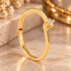 Anel Dourado Solitário com Zircônia