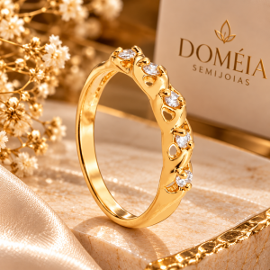 Anel Dourado Meia Aliança 5 Pedras de Zircônia